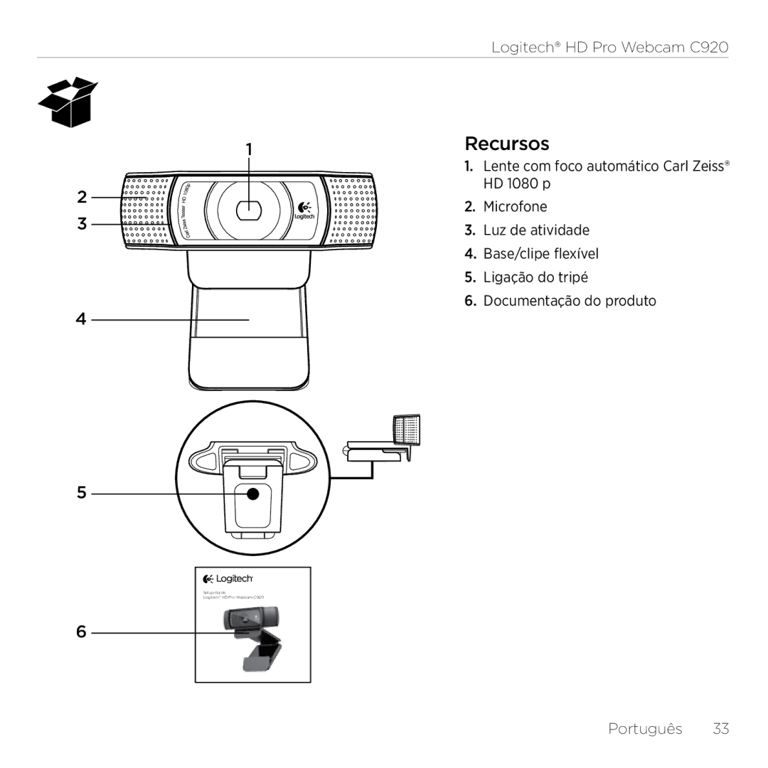 Logitech C920 setup guide 1Recursos, Português 33 