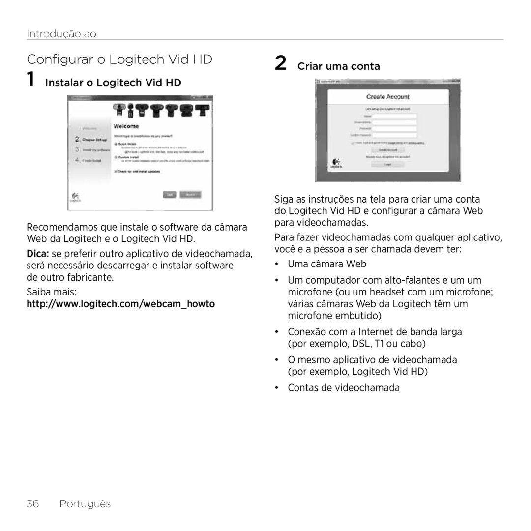 Logitech C920 setup guide Configurar o Logitech Vid HD 