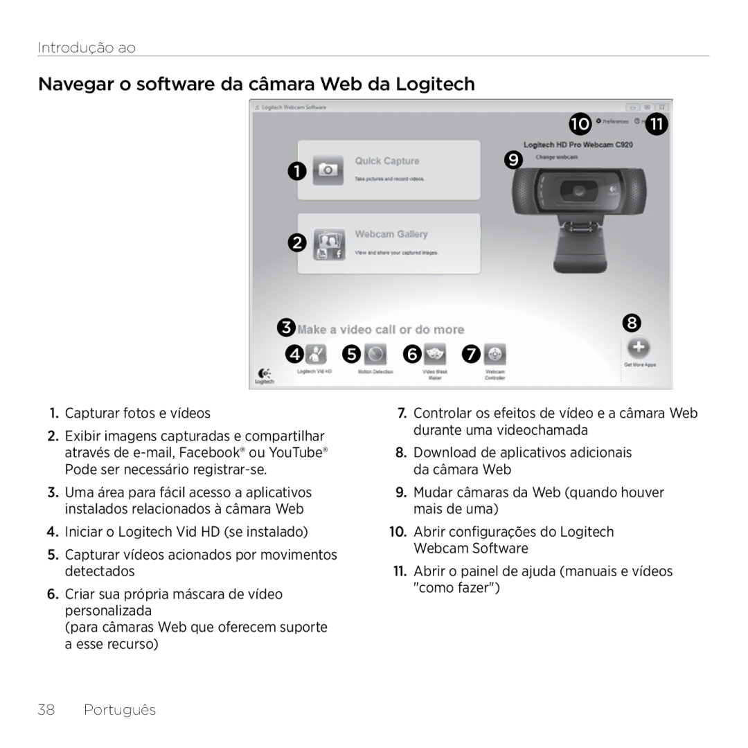 Logitech C920 setup guide Navegar o software da câmara Web da Logitech, Capturar fotos e vídeos 