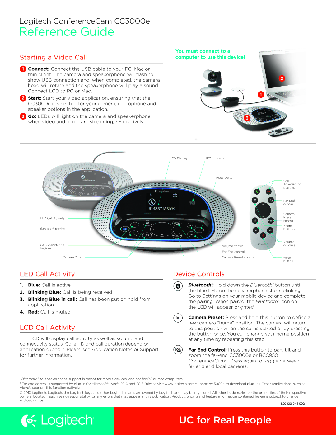 Logitech CC3000e manual Reference Guide, Starting a Video Call, LED Call Activity, LCD Call Activity, Device Controls 