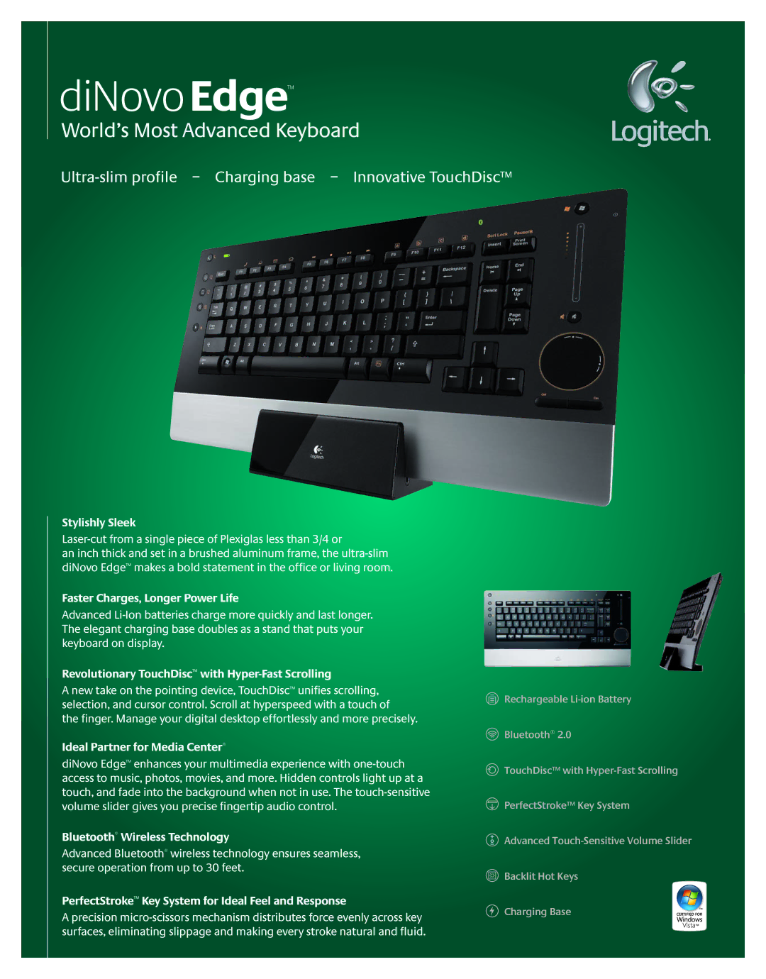 Logitech diNovo Edge manual Ultra-slim profile Charging base Innovative TouchDisc 