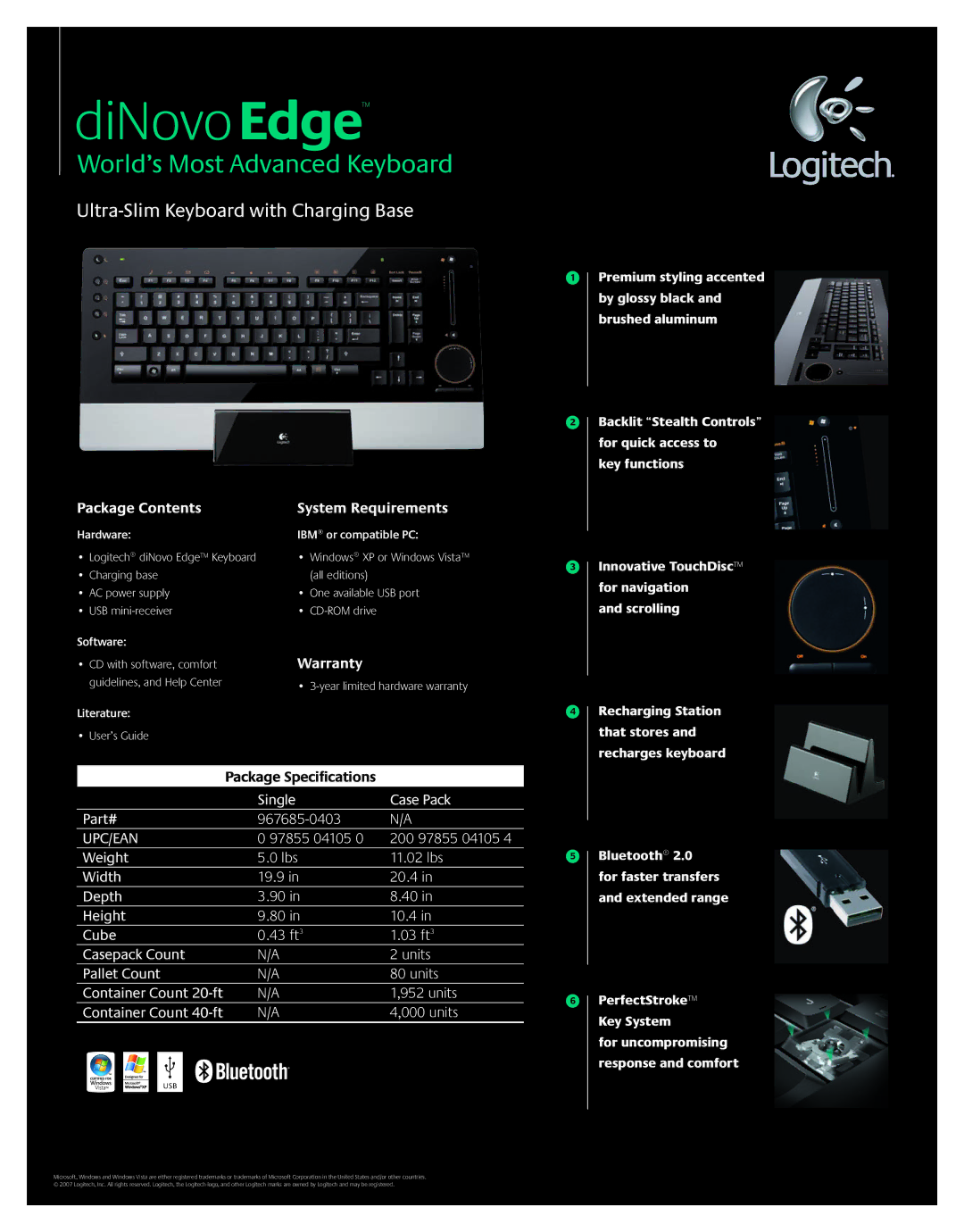 Logitech diNovo Edge manual Ultra-Slim Keyboard with Charging Base, Package Contents System Requirements, Warranty 