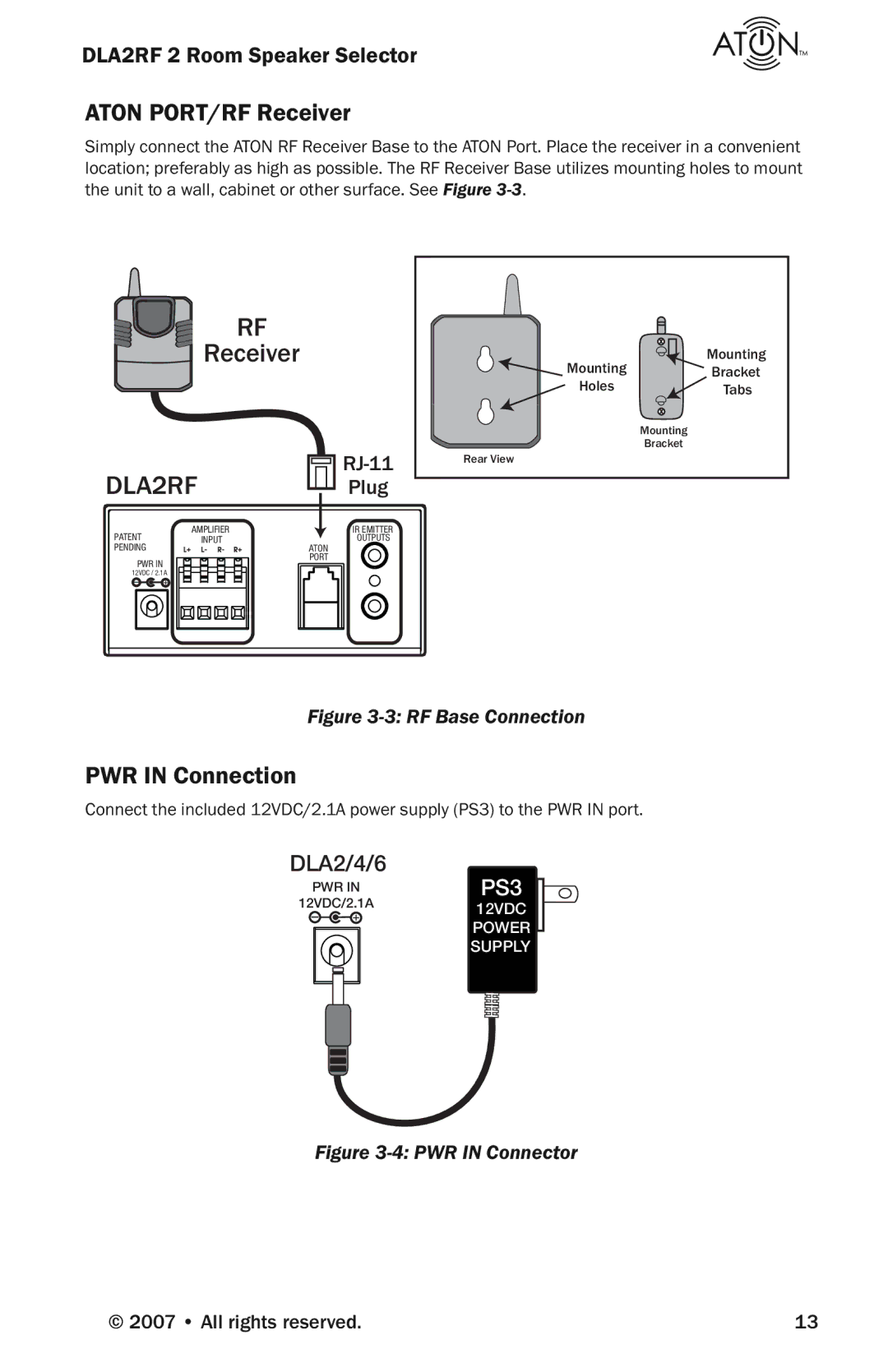 Logitech DLA2RF manual Aton PORT/RF Receiver, PWR in Connection 