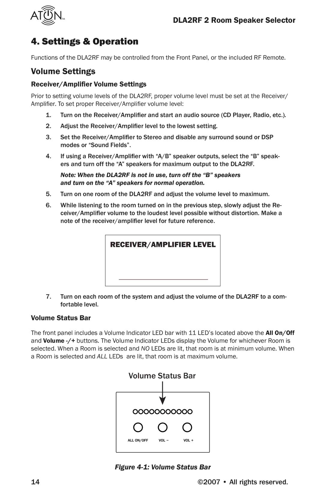 Logitech DLA2RF manual Settings & Operation, Receiver/Ampliﬁer Volume Settings, Volume Status Bar 