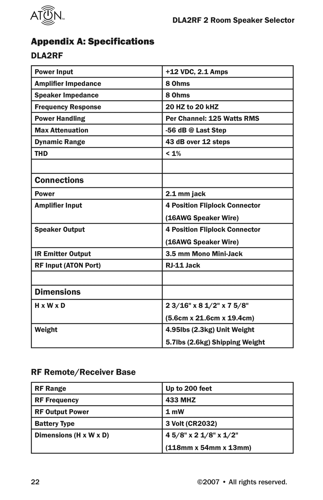 Logitech DLA2RF manual Appendix a Specifications, Connections, Dimensions, RF Remote/Receiver Base 