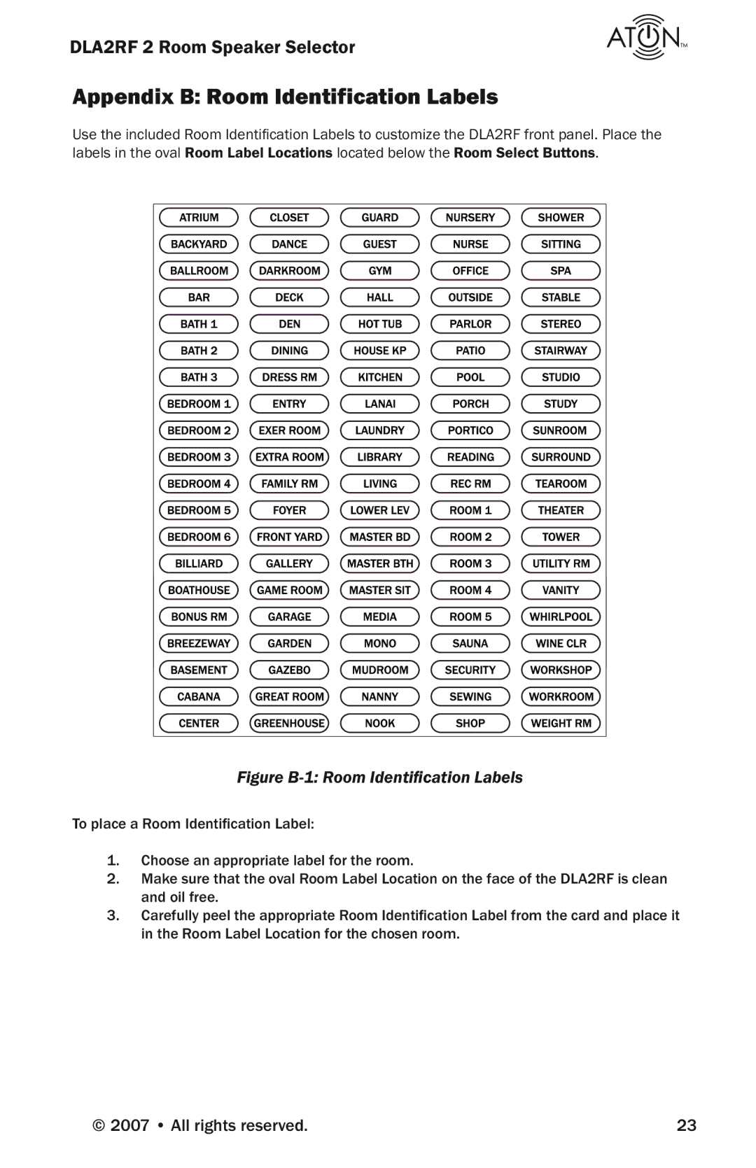 Logitech DLA2RF manual Appendix B Room Identification Labels, Figure B-1 Room Identiﬁcation Labels 