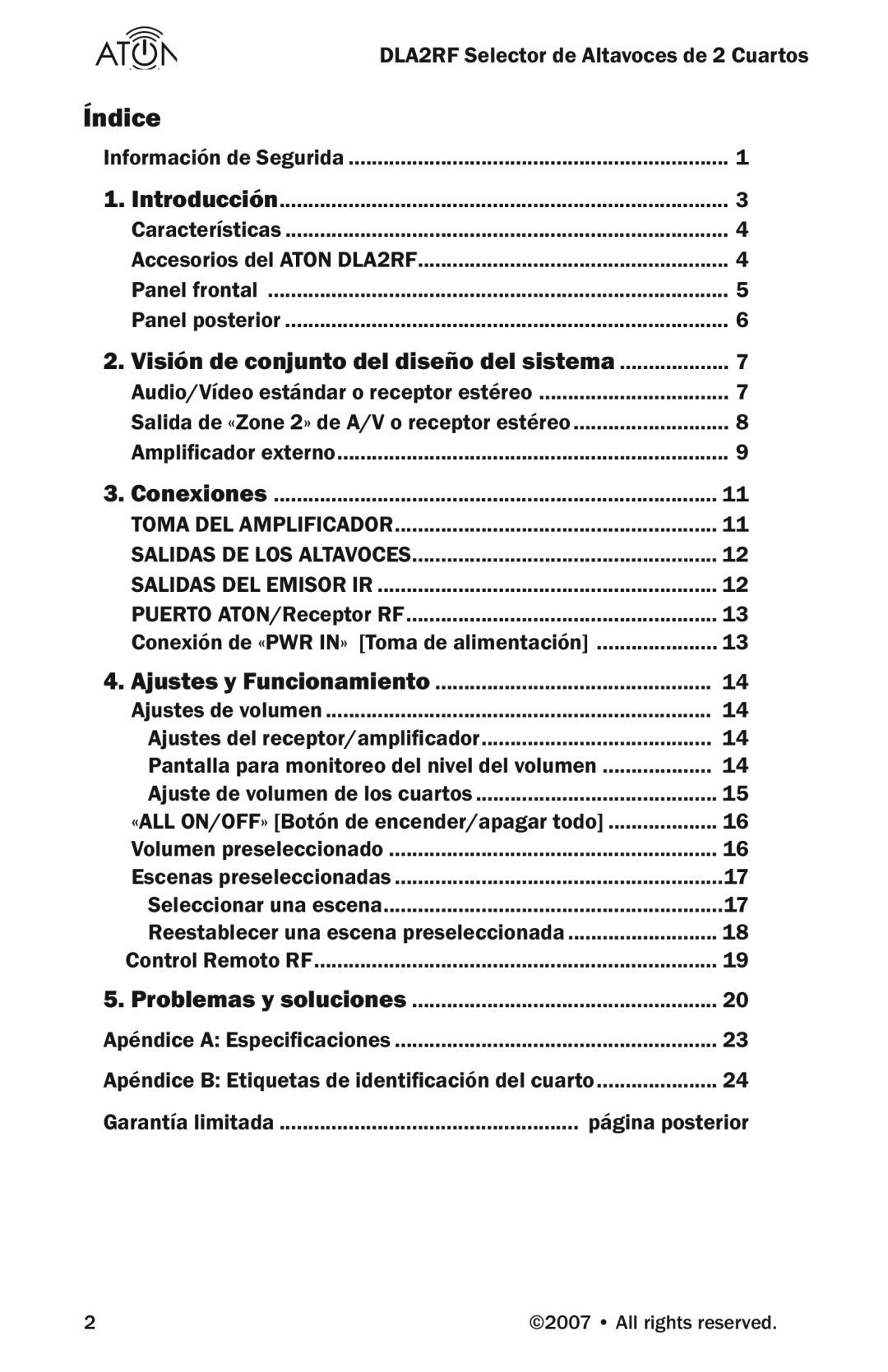 Logitech DLA2RF manual Índice, Visión de conjunto del diseño del sistema 