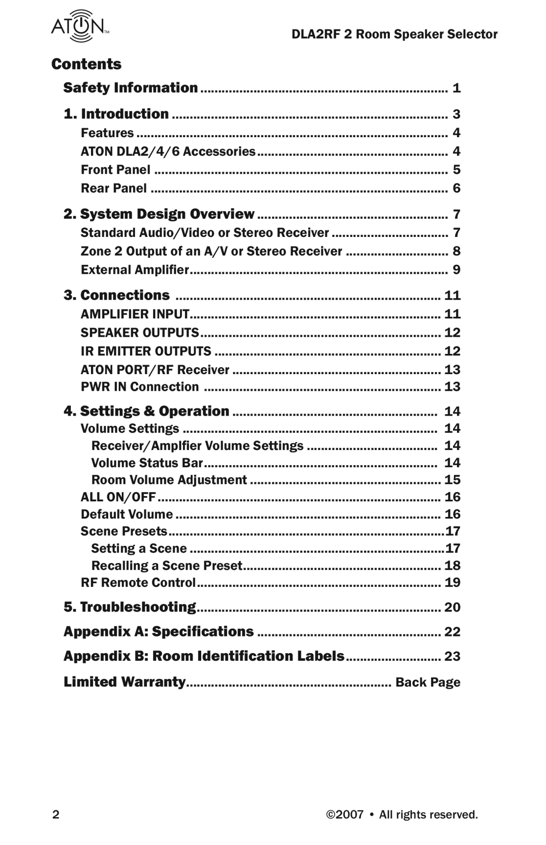 Logitech DLA2RF manual Contents 