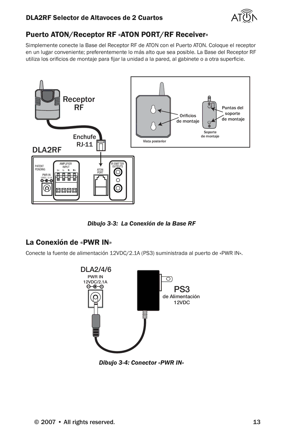 Logitech DLA2RF manual Puerto ATON/Receptor RF «ATON PORT/RF Receiver», La Conexión de «PWR IN» 