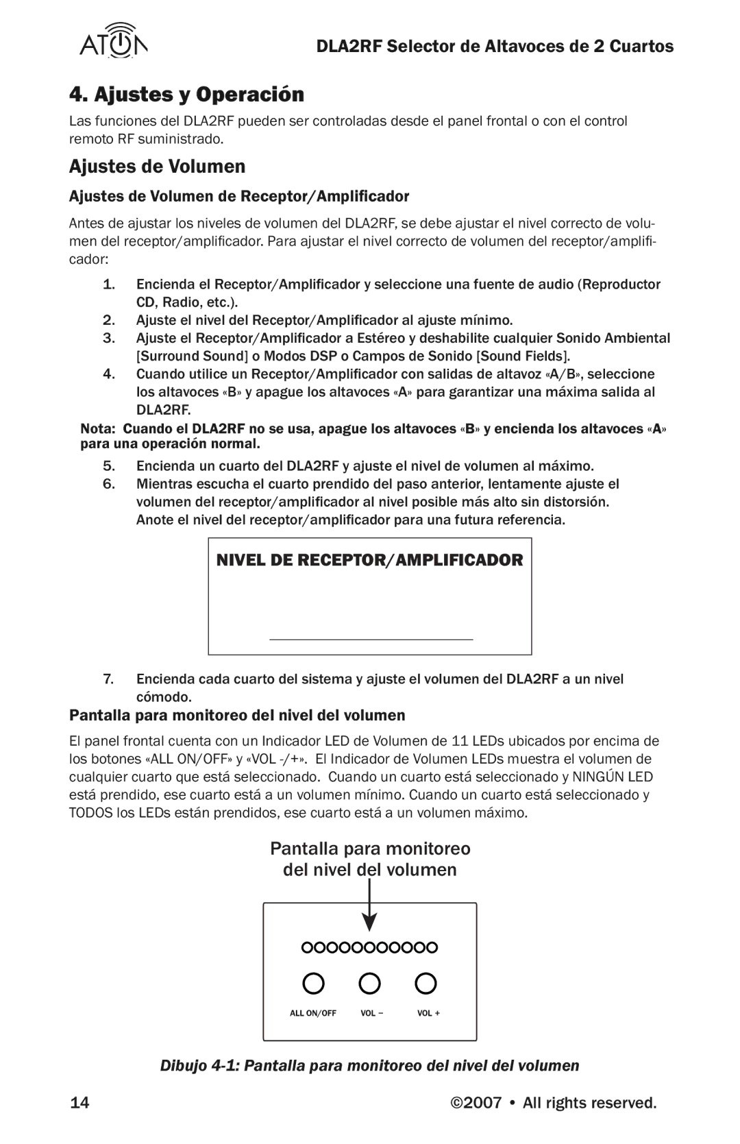 Logitech DLA2RF manual Ajustes y Operación, Ajustes de Volumen de Receptor/Ampliﬁcador 