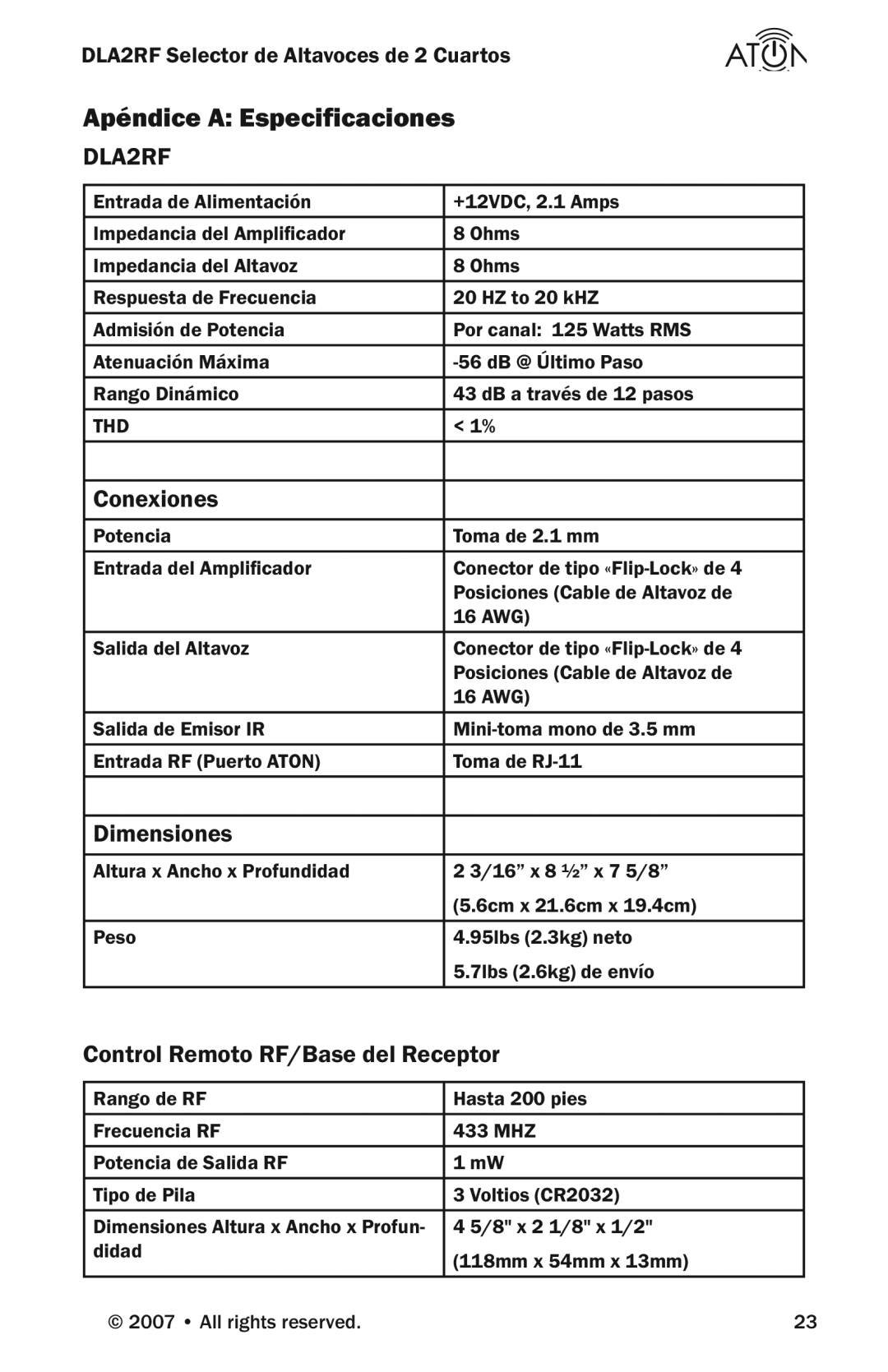 Logitech DLA2RF manual Apéndice a Especificaciones, Conexiones, Dimensiones, Control Remoto RF/Base del Receptor 