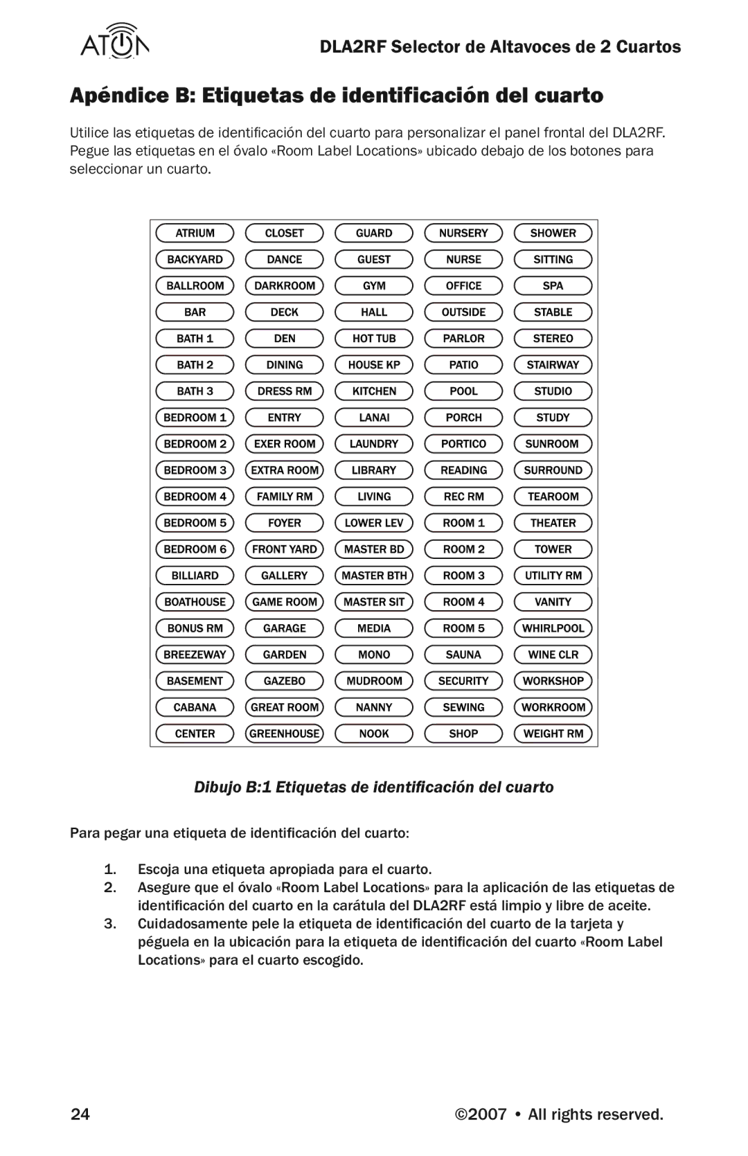 Logitech DLA2RF manual Apéndice B Etiquetas de identificación del cuarto, Dibujo B1 Etiquetas de identiﬁcación del cuarto 