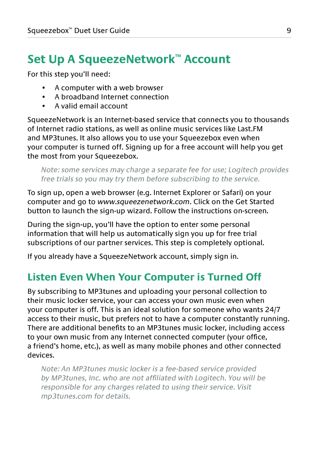 Logitech Duet manual Set Up a SqueezeNetwork Account, Listen Even When Your Computer is Turned Off 