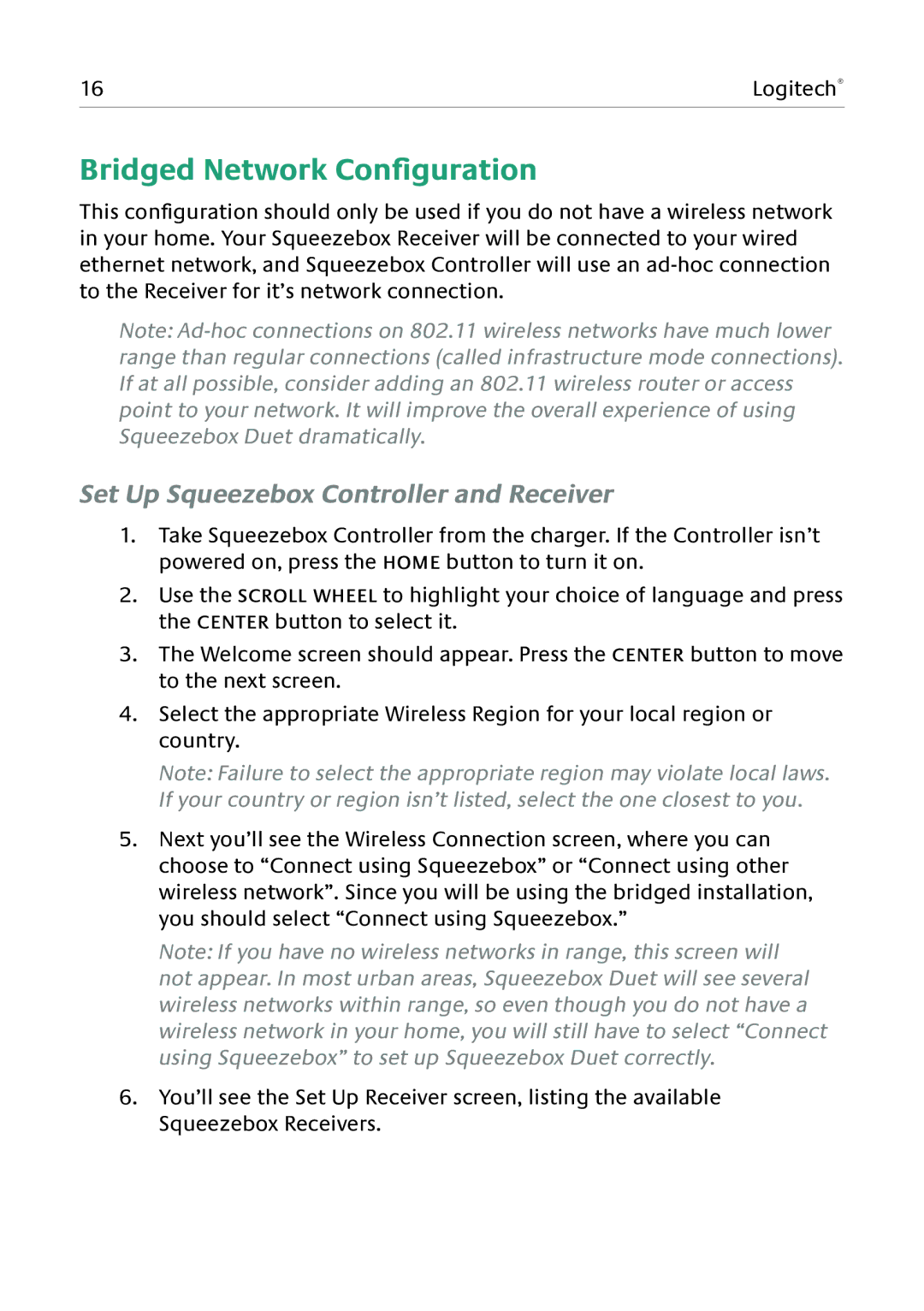 Logitech Duet manual Bridged Network Configuration, Set Up Squeezebox Controller and Receiver 