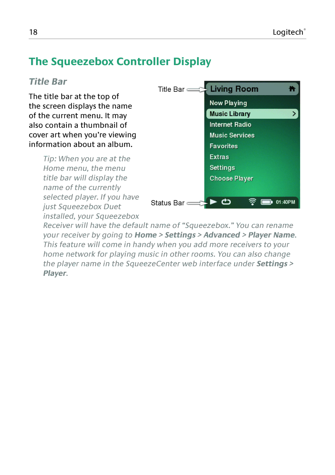 Logitech Duet manual Squeezebox Controller Display, Title Bar 