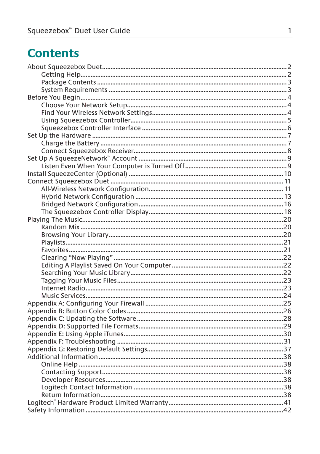 Logitech Duet manual Contents 