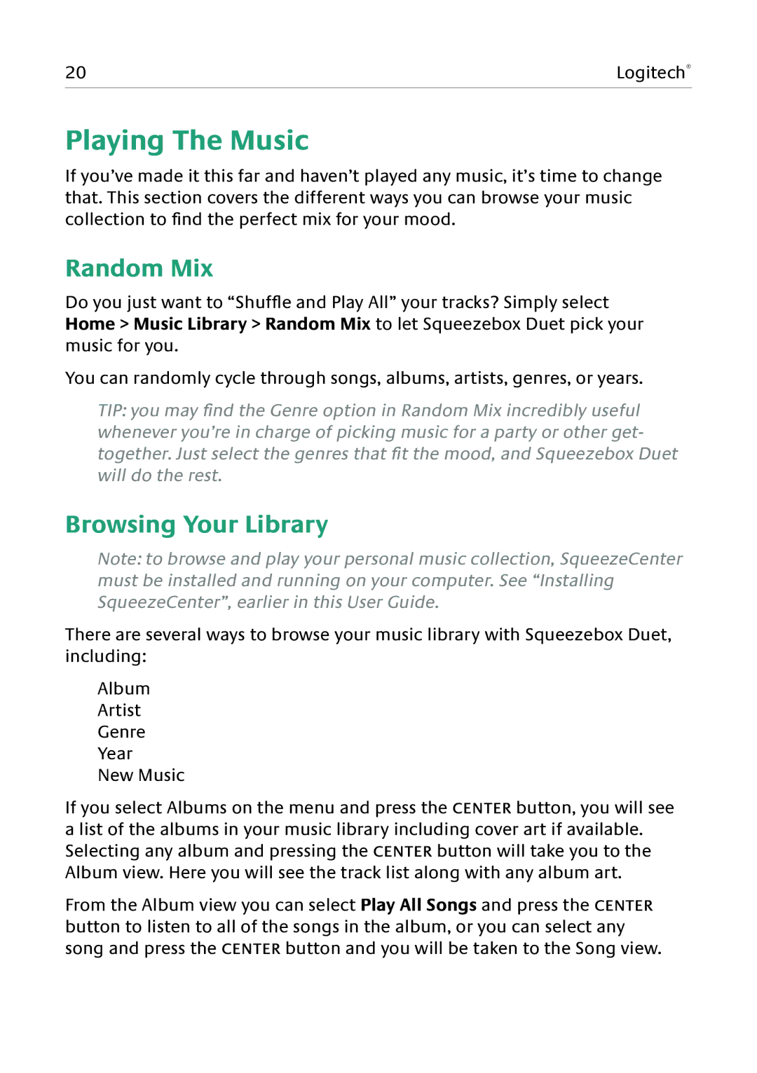 Logitech Duet manual Playing The Music, Random Mix, Browsing Your Library 