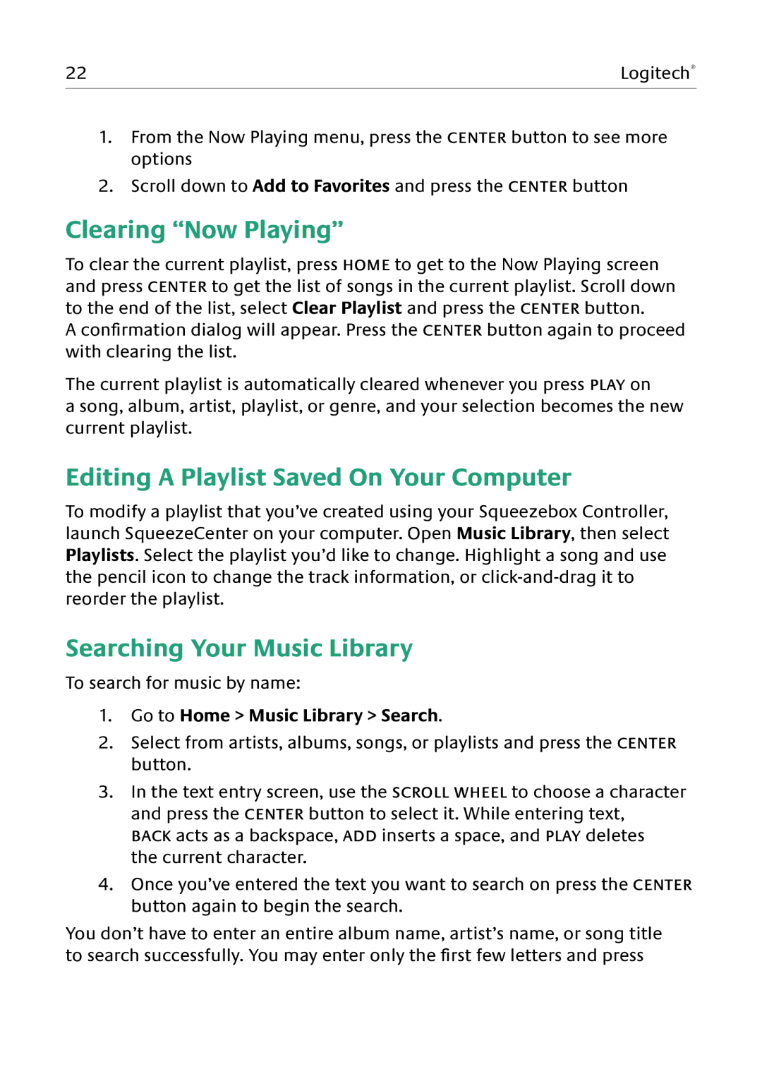 Logitech Duet manual Clearing Now Playing, Editing a Playlist Saved On Your Computer, Searching Your Music Library 