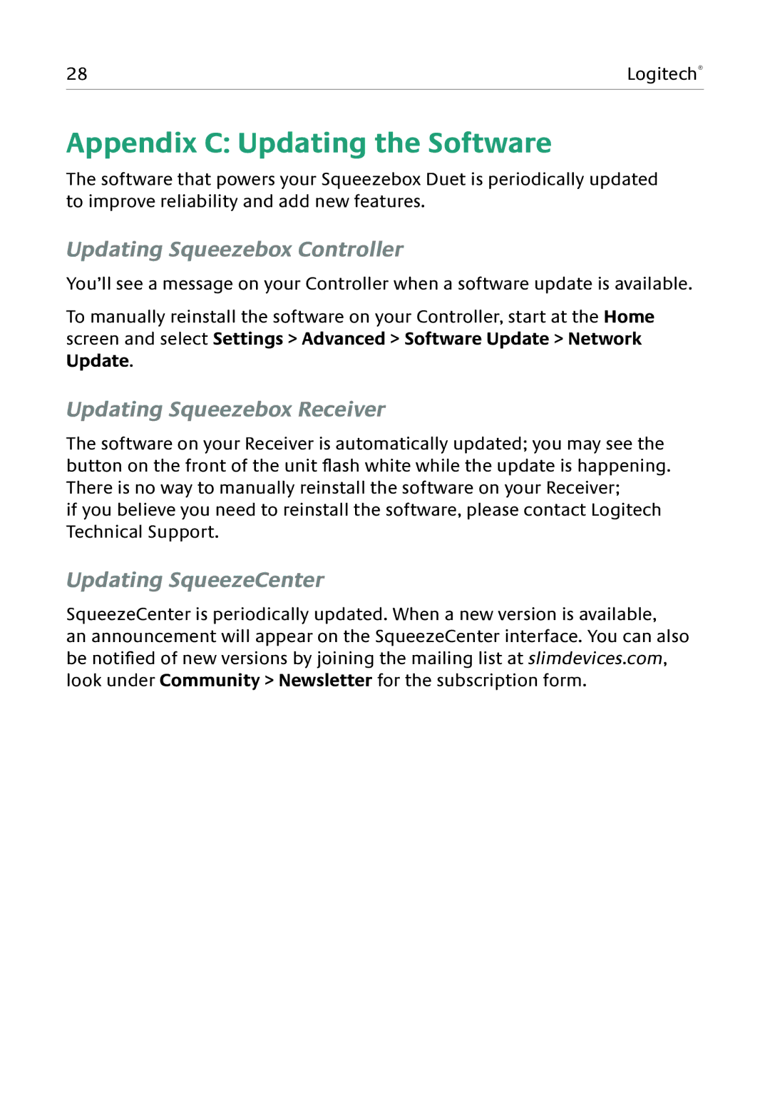 Logitech Duet manual Appendix C Updating the Software, Updating Squeezebox Controller, Updating Squeezebox Receiver 