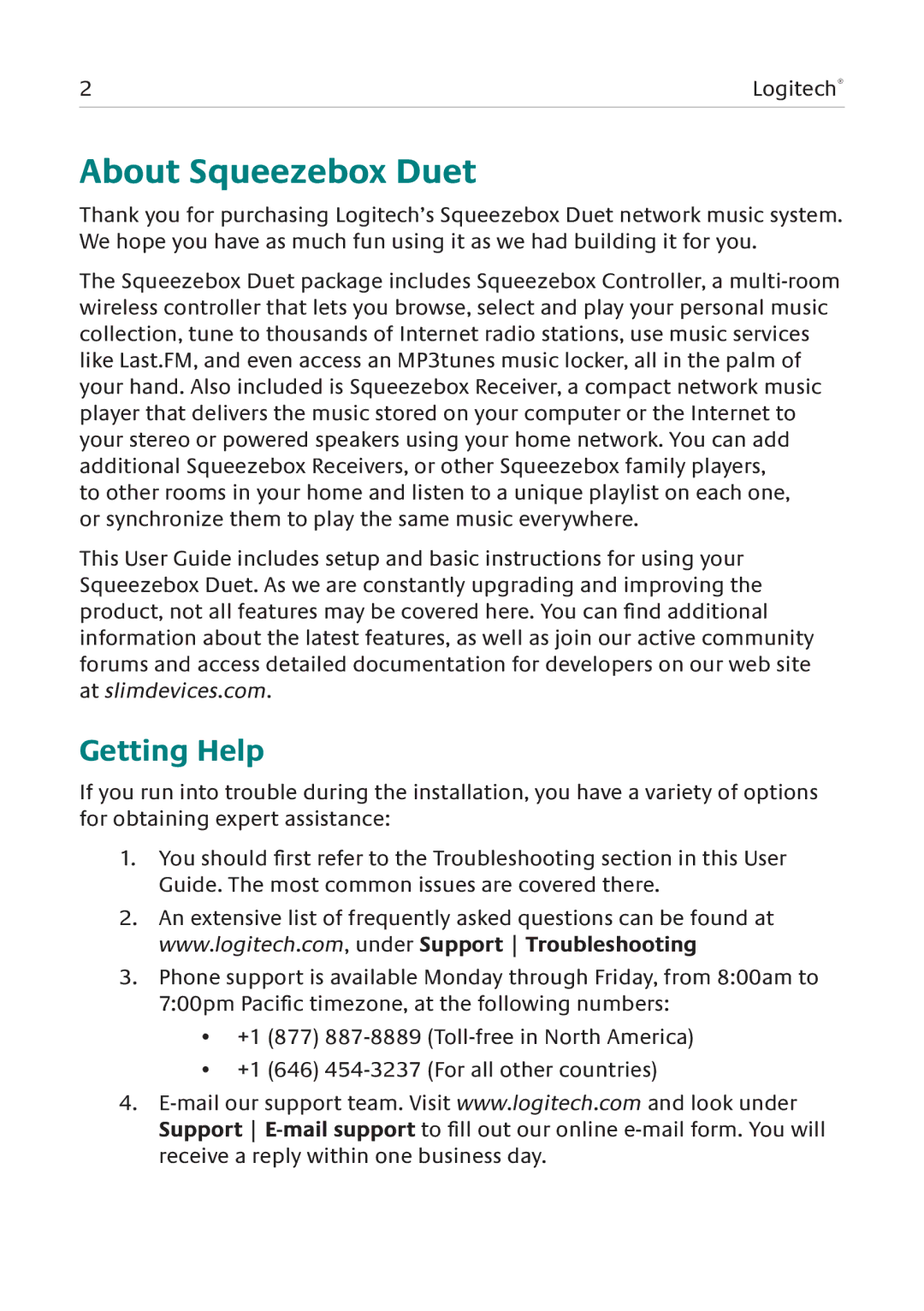 Logitech manual About Squeezebox Duet, Getting Help 