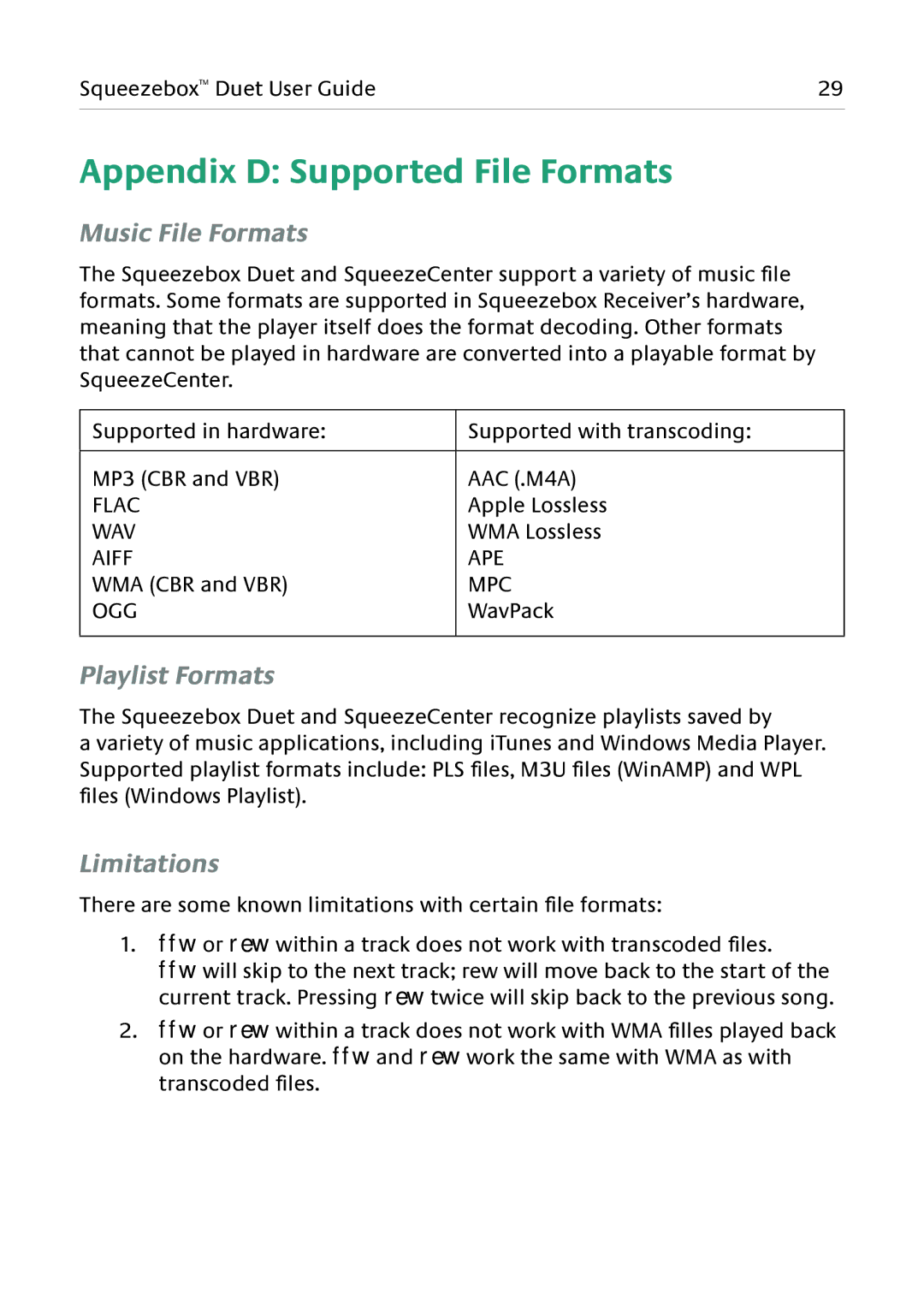 Logitech Duet manual Appendix D Supported File Formats, Music File Formats, Playlist Formats, Limitations 