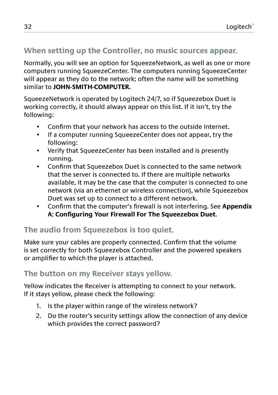 Logitech Duet manual When setting up the Controller, no music sources appear, Audio from Squeezebox is too quiet 