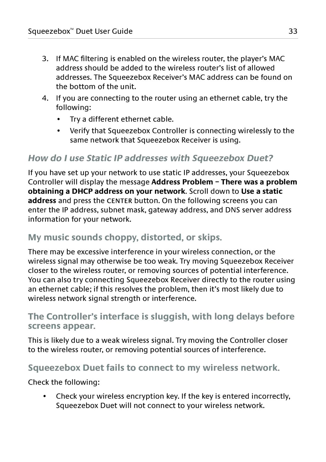 Logitech manual How do I use Static IP addresses with Squeezebox Duet?, My music sounds choppy, distorted, or skips 