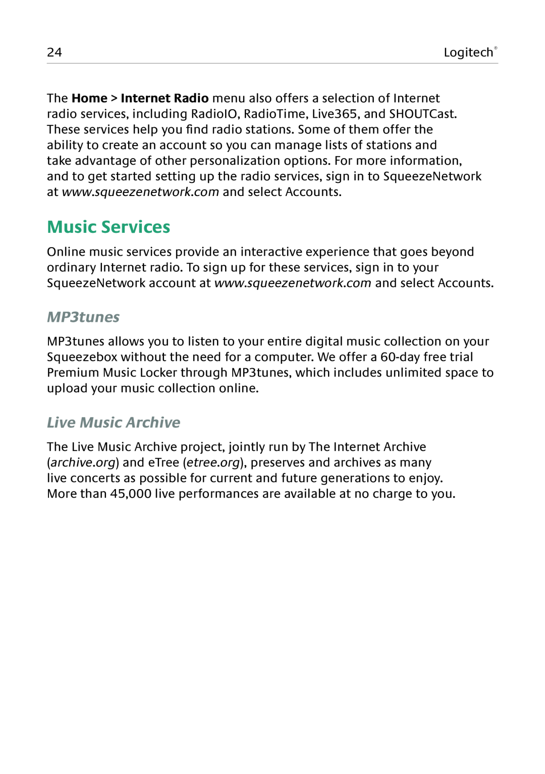 Logitech Duet manual Music Services, MP3tunes, Live Music Archive 