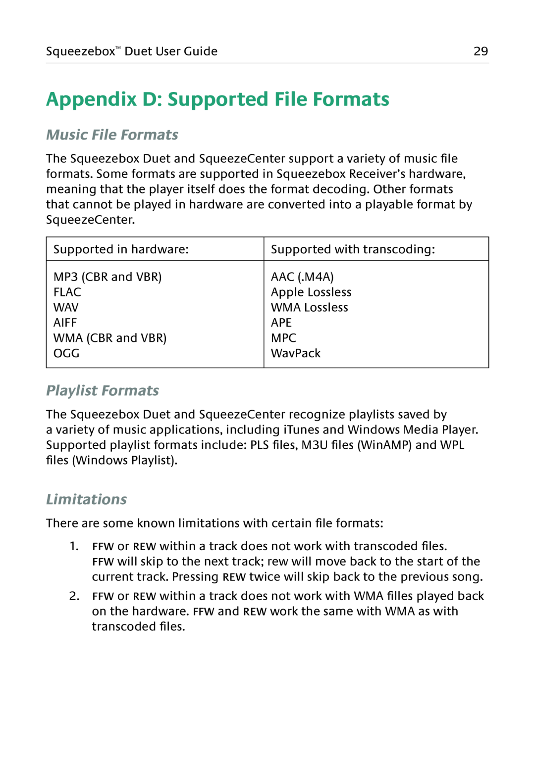 Logitech Duet manual Appendix D Supported File Formats, Music File Formats, Playlist Formats, Limitations 
