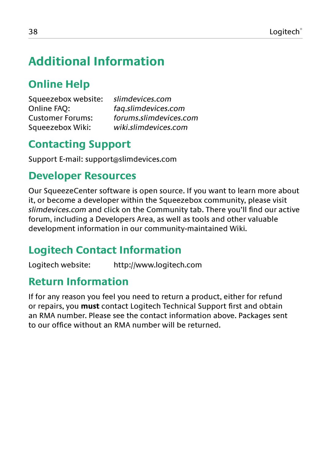 Logitech Duet Additional Information, Online Help, Contacting Support, Developer Resources, Logitech Contact Information 