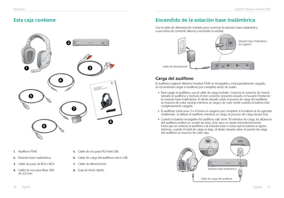 Logitech F540 manual Esta caja contiene, Encendido de la estación base inalámbrica, Carga del audífono 