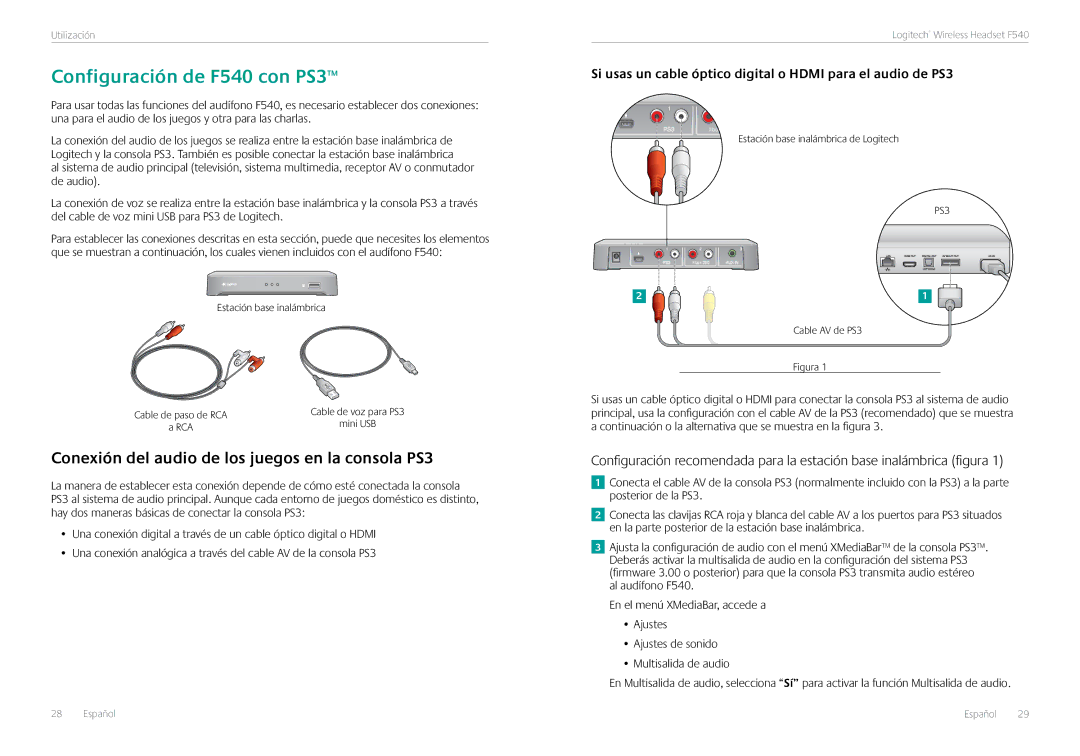 Logitech manual Configuración de F540 con PS3, Conexión del audio de los juegos en la consola PS3 