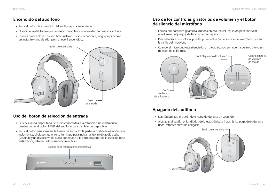 Logitech F540 manual Encendido del audífono, Uso del botón de selección de entrada, Apagado del audífono 