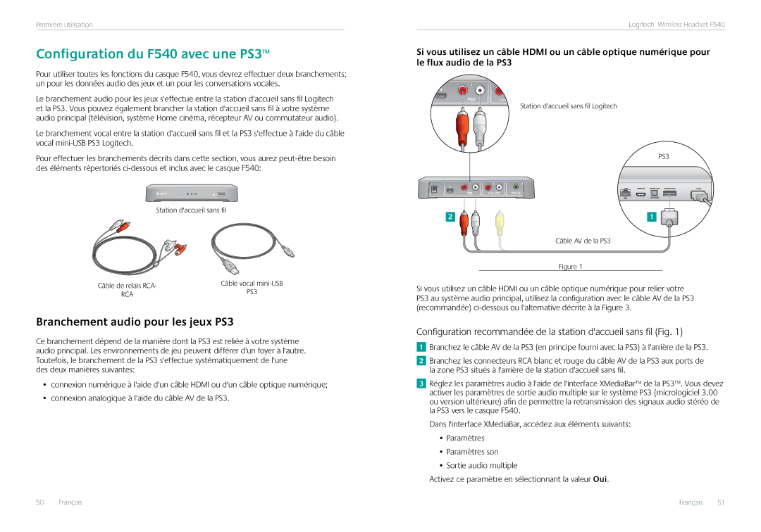 Logitech manual Configuration du F540 avec une PS3, Branchement audio pour les jeux PS3 