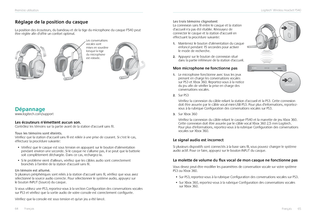 Logitech F540 manual Dépannage, Réglage de la position du casque, Les écouteurs némettent aucun son 