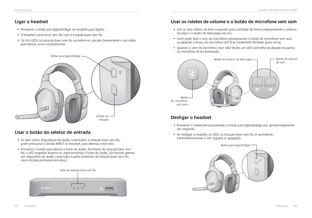 Logitech F540 manual Ligar o headset, Usar os roletes de volume e o botão de microfone sem som, Desligar o headset 