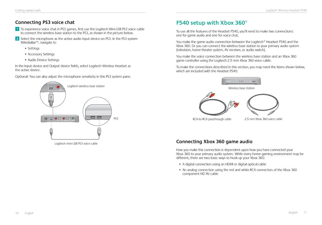 Logitech manual F540 setup with Xbox, Connecting PS3 voice chat, Connecting Xbox 360 game audio 