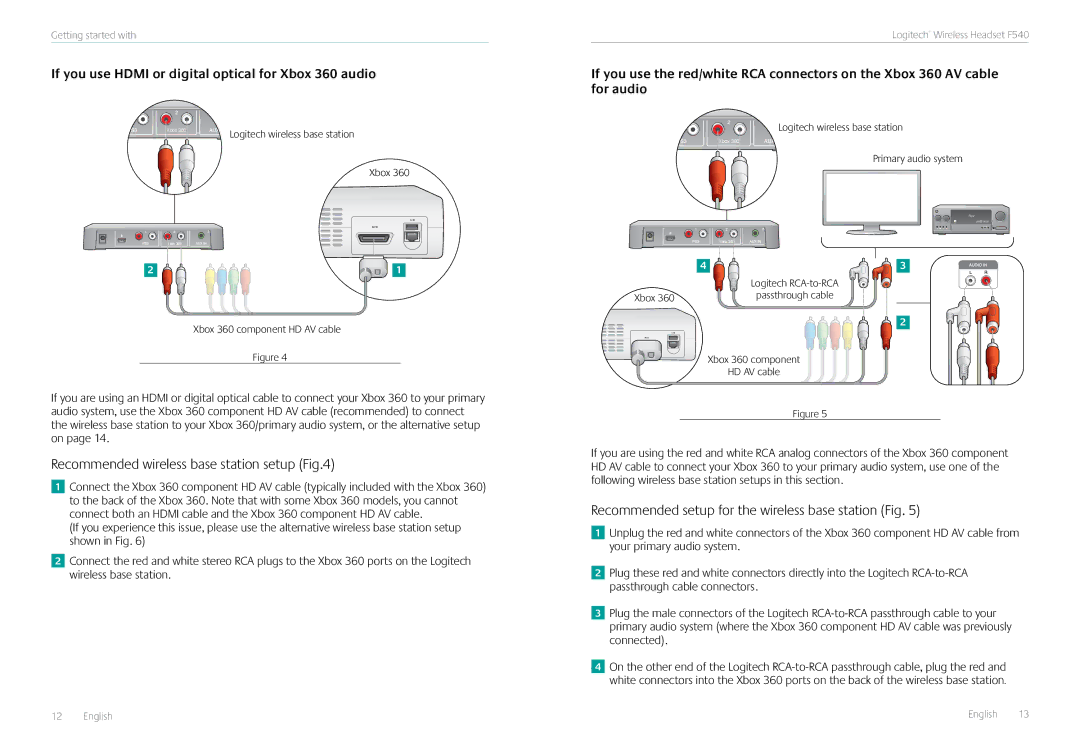 Logitech F540 manual Recommended wireless base station setup, If you use Hdmi or digital optical for Xbox 360 audio 