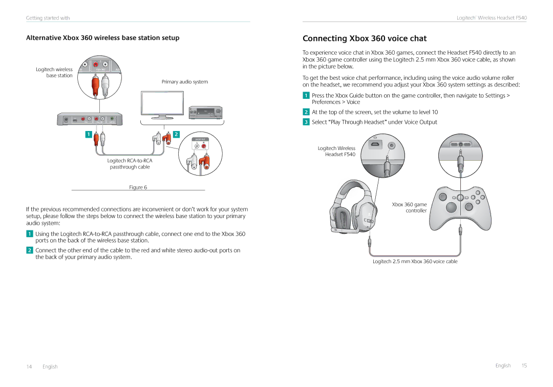 Logitech F540 manual Connecting Xbox 360 voice chat, Alternative Xbox 360 wireless base station setup 