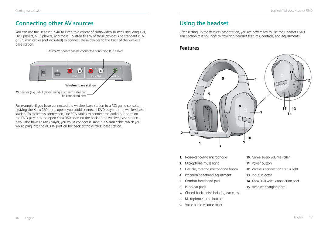 Logitech F540 manual Connecting other AV sources, Using the headset, Features 