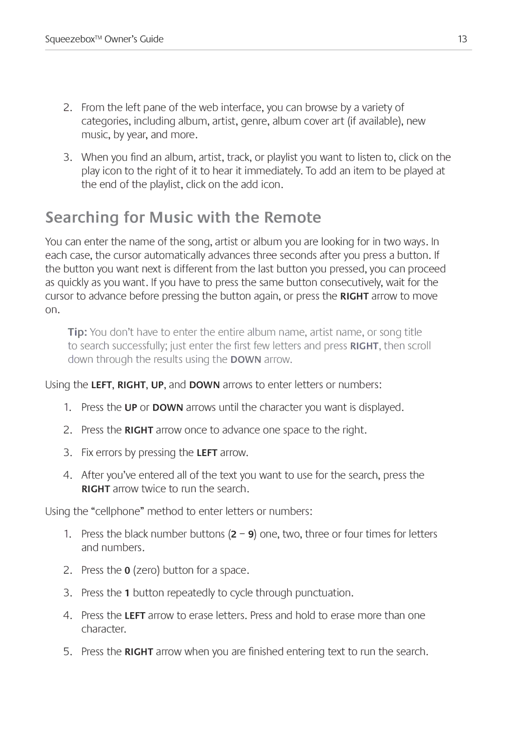 Logitech Ft manual Searching for Music with the Remote 