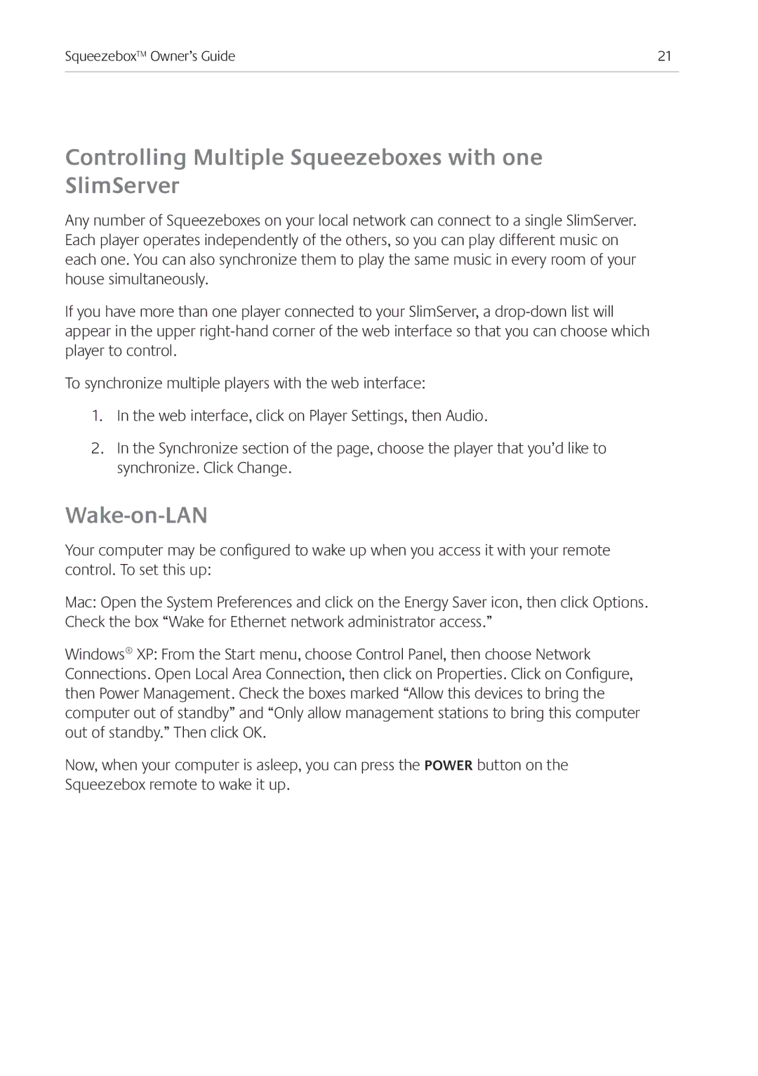 Logitech Ft manual Controlling Multiple Squeezeboxes with one SlimServer, Wake-on-LAN 