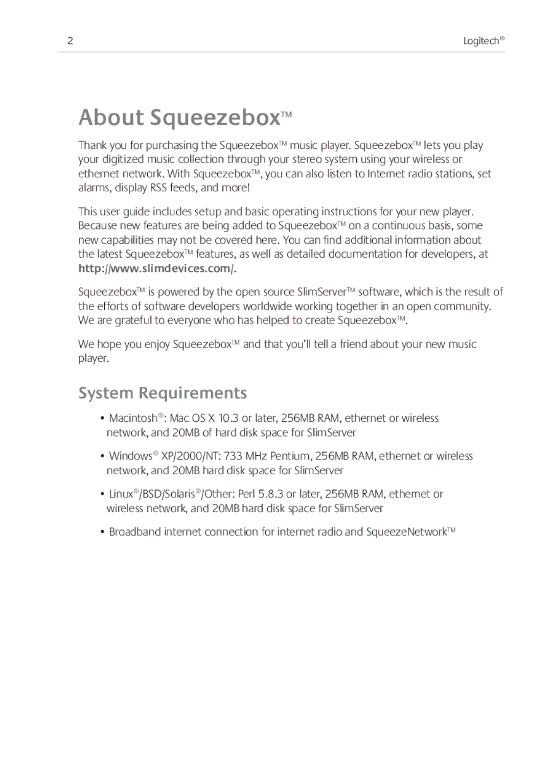 Logitech Ft manual About Squeezebox, System Requirements 