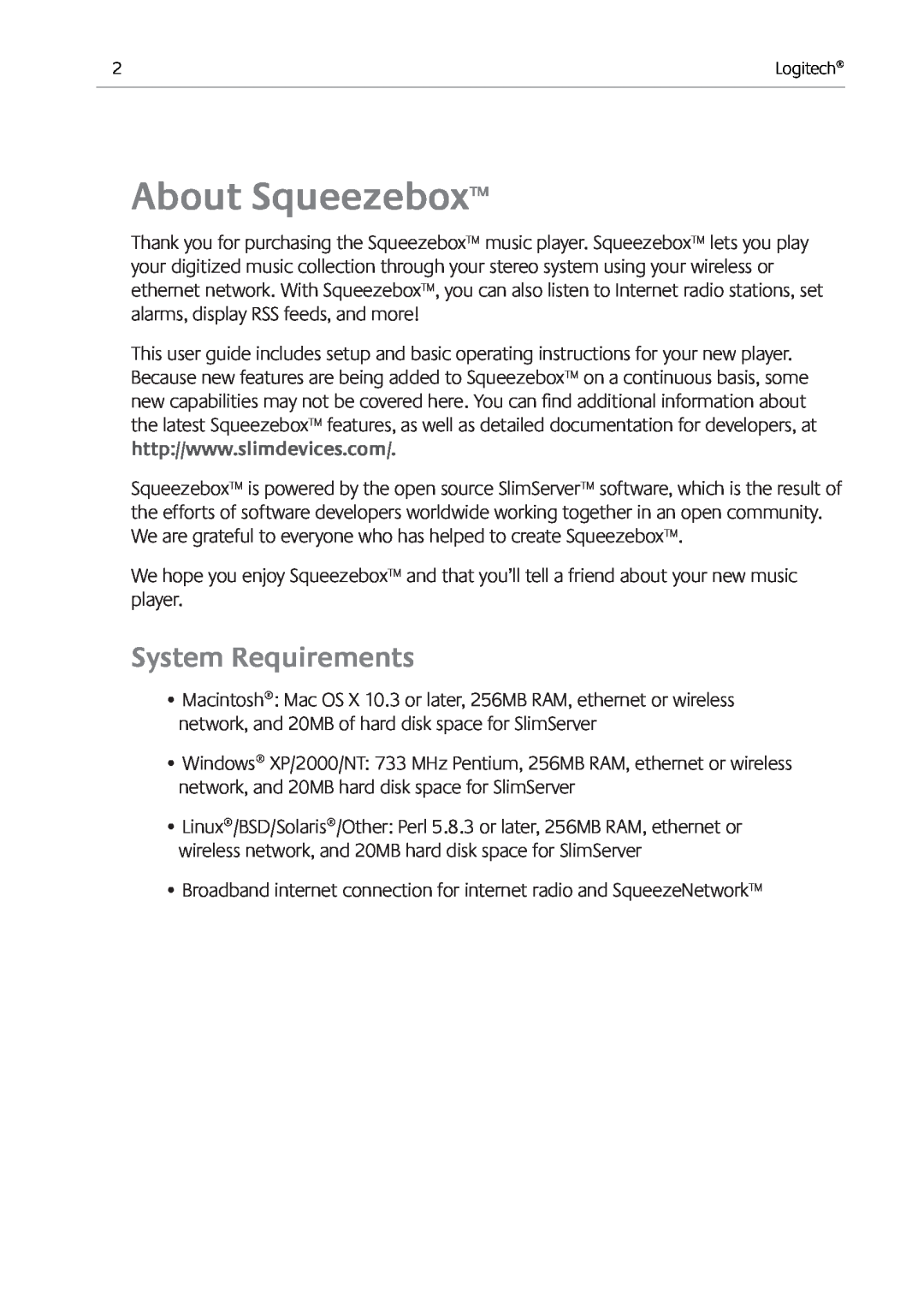 Logitech Ft manual About Squeezebox, System Requirements 