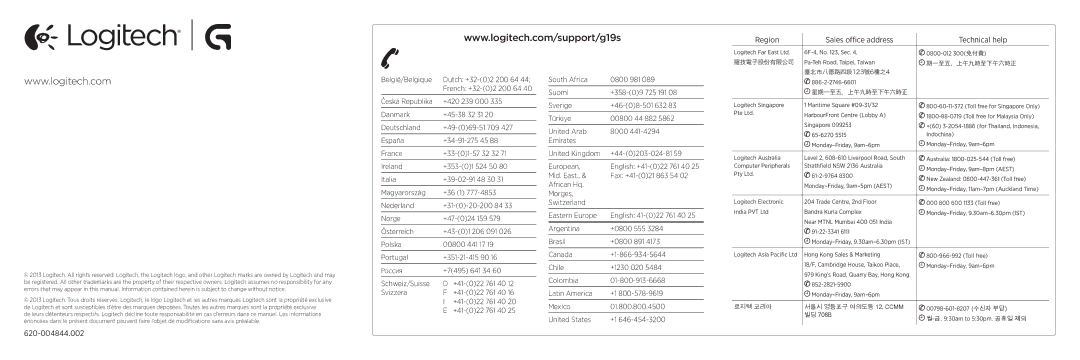 Logitech G19s setup guide Region Sales office address Technical help, 620-004844.002 