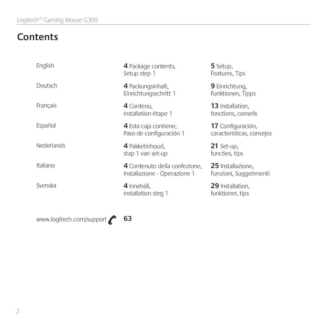 Logitech G300 manual Contents 