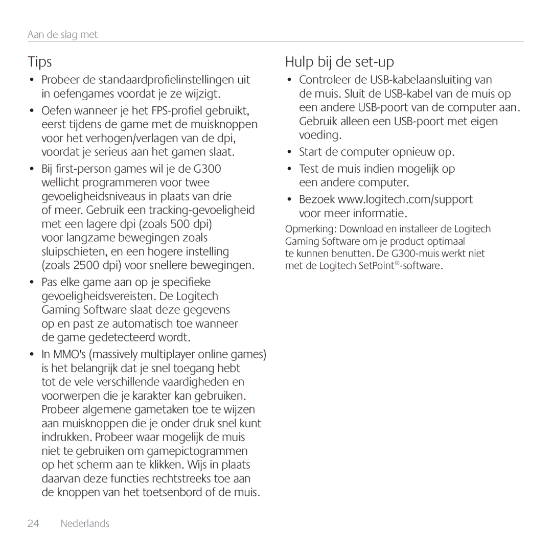 Logitech G300 manual Tips, Hulp bij de set-up 