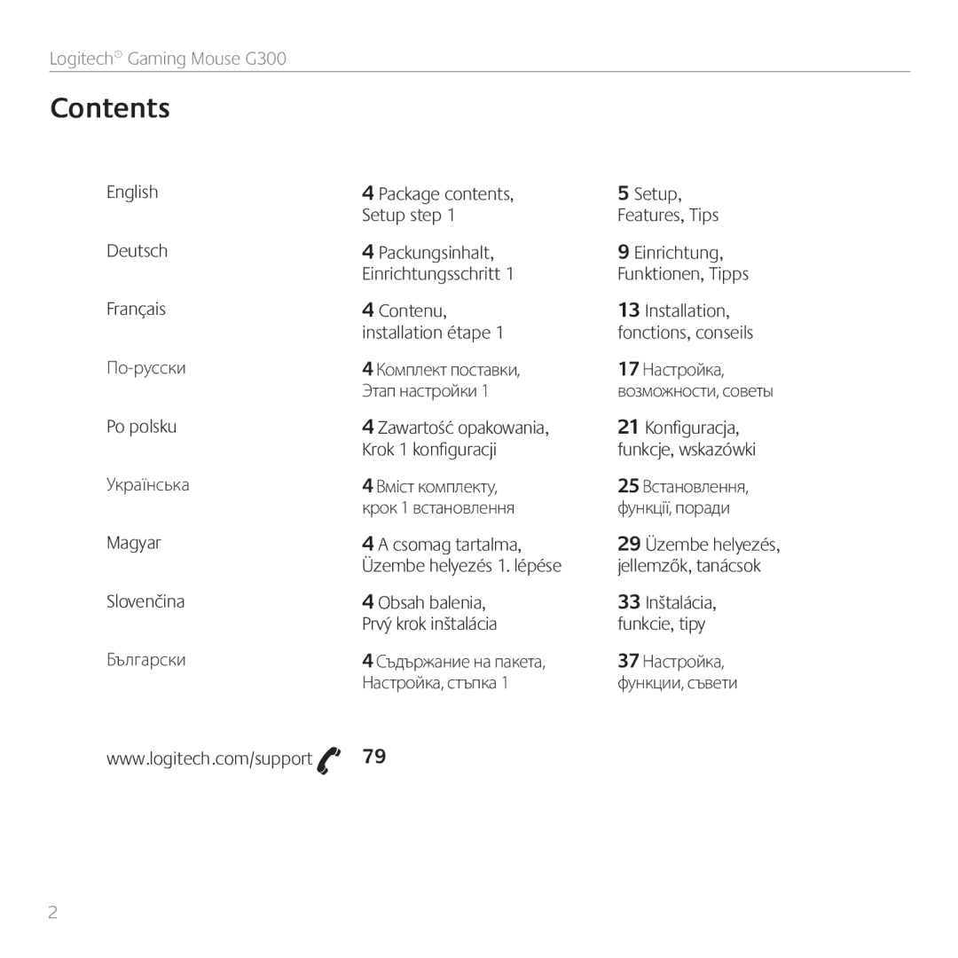 Logitech G300 manual Contents 