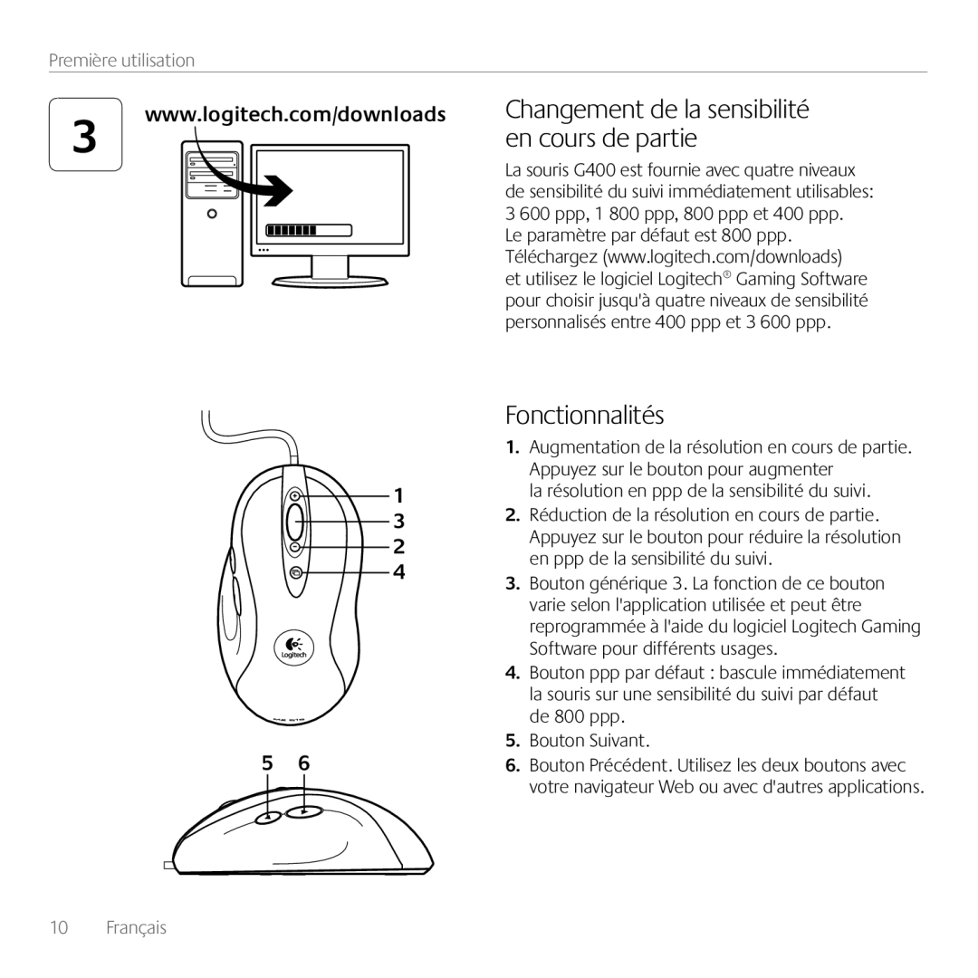 Logitech G400 manual En cours de partie, Fonctionnalités 