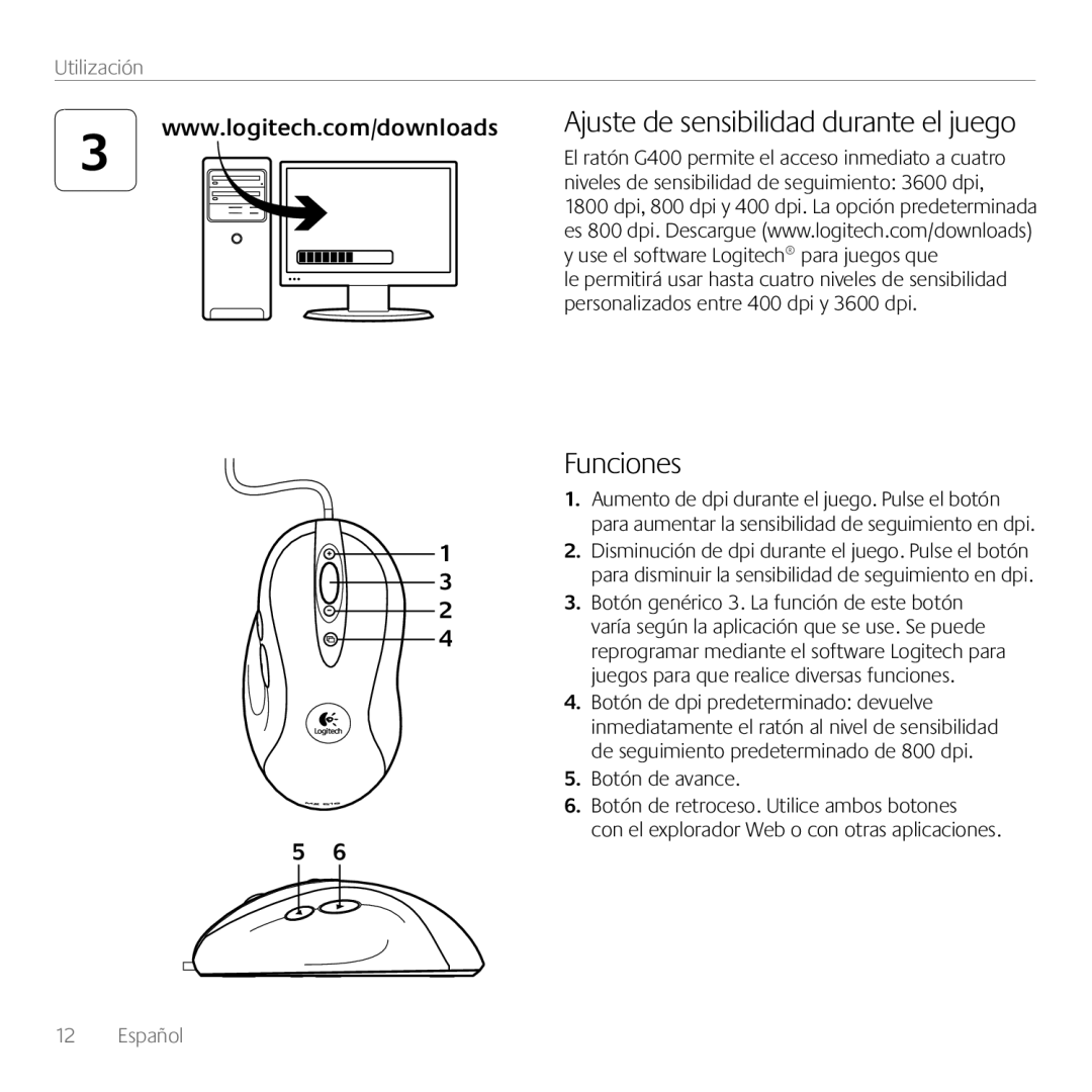 Logitech G400 manual Funciones, Ajuste de sensibilidad durante el juego, Niveles de sensibilidad de seguimiento 3600 dpi 